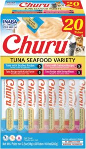 INABA Churu – 4 Sabores Puré de Marisco y Atún Gatos – Deliciosos Snacks para Gatos – Textura Suave y Cremosa – Comida para Gatos – 20 Tubos x 14g